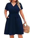 IN'VOLAND Women's Plus Size Summer Dresses Beach Casual Loose T-Shirt Floral Short Sleeve Flowy Pockets Sundresses Navy Blue