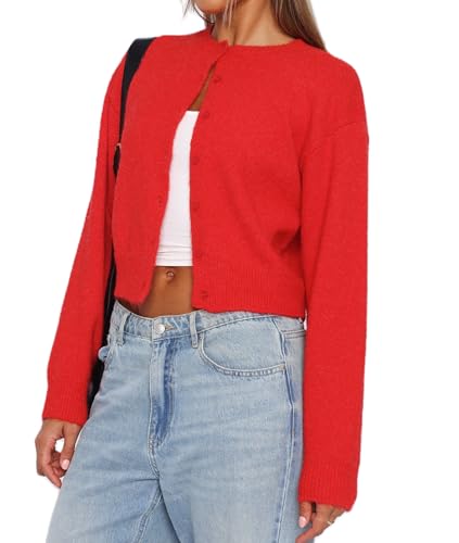 Image of Faretumiya Women Y2k Button Down Crop Sweater Cardigan Long Sleeve Open Front Crewneck Cardigan Cute Knit Pullover Tops