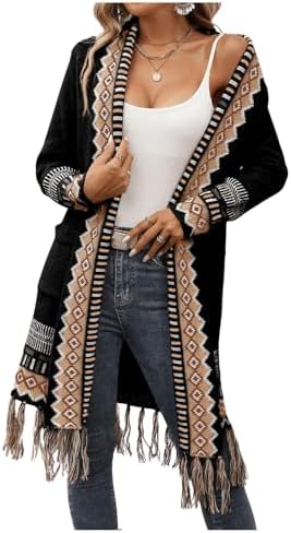 BEAUDRM Women's Boho Long Cardigans Sweaters Western Chunky Fringe Duster Cardigan Open Front Knit Sweater with Pocket Black Small