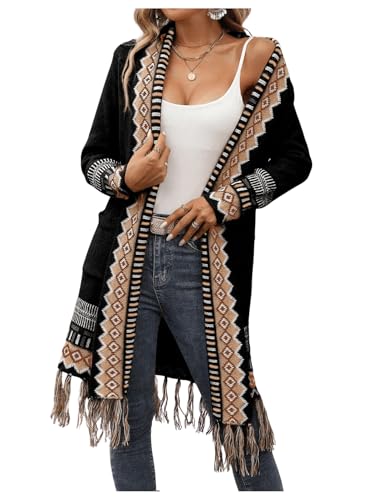 Women's Open Front Long Sleeve Cardigans Shirt Geo Pattern Casual Loose Knit Sweater with Pocket