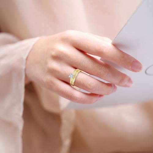 AVECON 1.35ct Princess Cut Engagement Ring Set for Women, Wedding Promise Cubic Zirconia Band, 14K Gold Plated Bridal Half Eternity Rings, Jewelry Gift for Travel/Vacation/Daily, Size 7 by AVECON - Used condition - Image 4