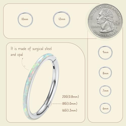 AROWRO Nose Rings Hoops with White Opal Hinged Nose Rings for Women Silver Surgical Steel Septum Rings 18G 6mm Conch Helix Daith Piercing Jewelry by AROWRO - Image 6