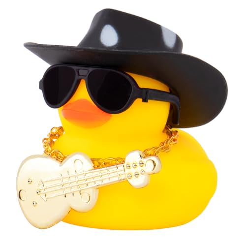 wonuu Car Dashboard Decor Rubber Duck, Car Ducks Ornaments with Mini Spots Cowboy Hat Necklace Sunglasses Guitar (Black)