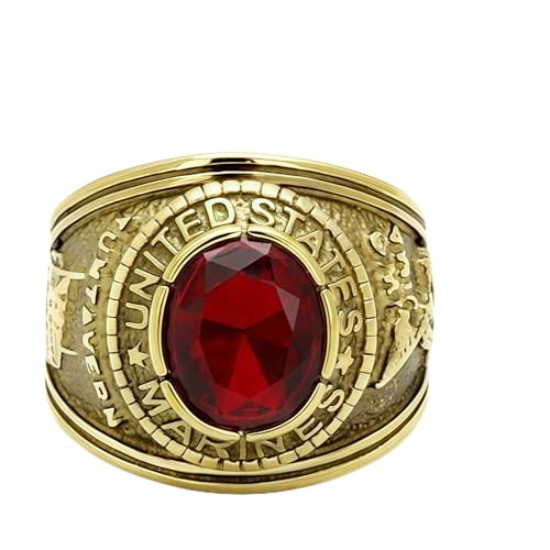 US Marines Military Ring, Gold-Tone with Red Crystal Stone, Vintage Style Lunxury Engraved Stainless Steel Mens Ring2