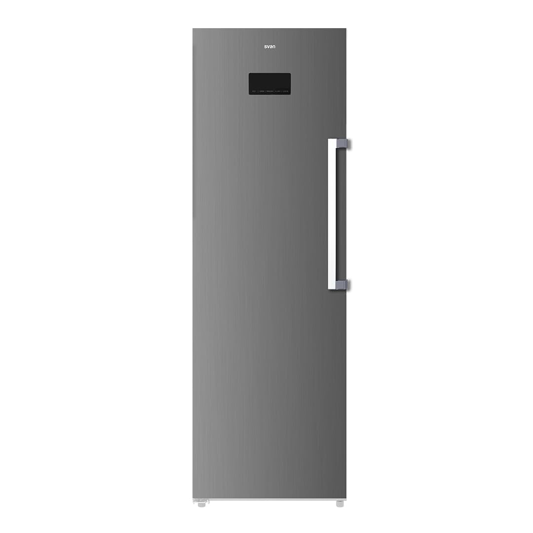 Svan Congelador Vertical Inox SCV185602ENFDX. Capacidad 274 Litros, Dual Cooling, 4 Star, Puerta Reversible, Modo Super Congelación, Motor Inverter, Puerta Abatible, Bajo nivel Sonoro, Eficiencia Ener