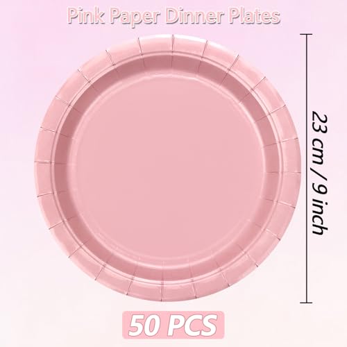 image for PTECDROTS 50pc Pink Paper Plates - 9' Pink Birthday Dinner Plates for 