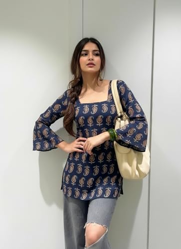 Image of ANNI Designer Women's Viscose Blend Printed Short Kurti | Straight Fit Casual Ethnic Top | Square Neck Full Sleeve Kurta Office College