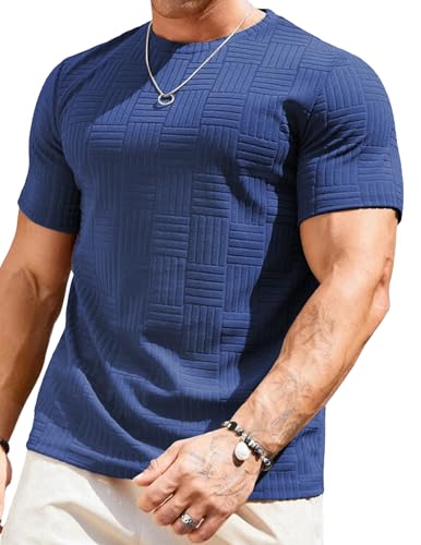 Image of JMIERR Mens T-Shirt Casual Stretch Solid Crewneck Short Sleeve Tees Textured Shirts