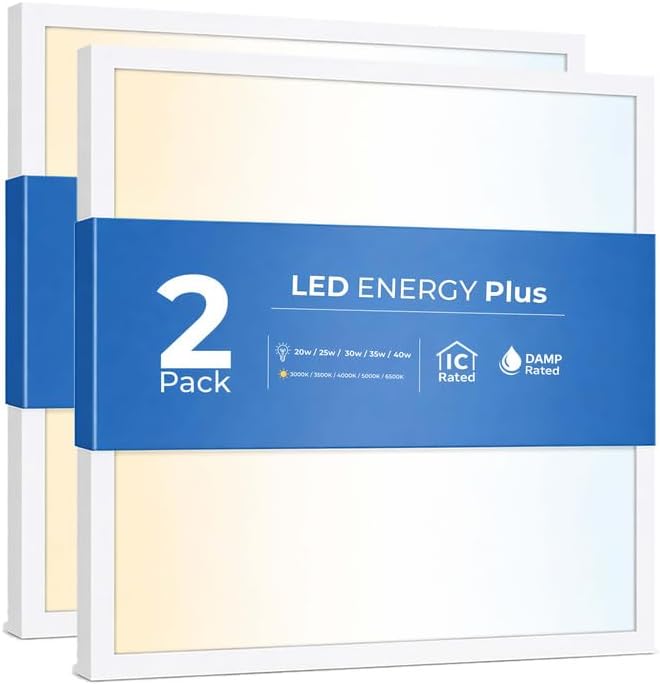2 Pack 2x2 LED Flat Panel Light for Drop Ceiling, 5200lm Selectable 20W/25W/30W/35W/40W, Color Temperature 3000K/3500K/4000K/5000K/6500K, 0-10V Dimmable, 120-277V, ETL