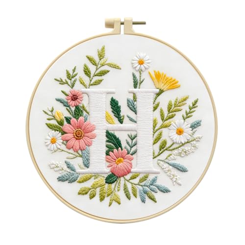 Zhenqing Letter H Embroidery Kit for Beginners, Pre-Printed 29x29cm Cotton