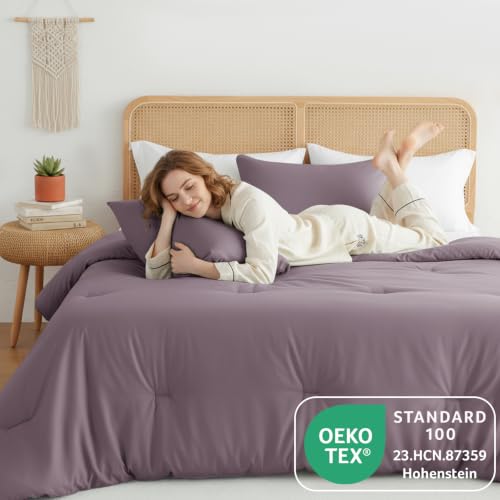 Image of HIMEET King Size Comforter Set, 3 Pieces with 2 Pillowcases, Dusty Purple | 270GSM Down Alternative Fill, Oeko-TEX Certified, 8 Corner Ties Quilted, All Season, Fluffy Bed Set, Bedroom Decor Bedding
