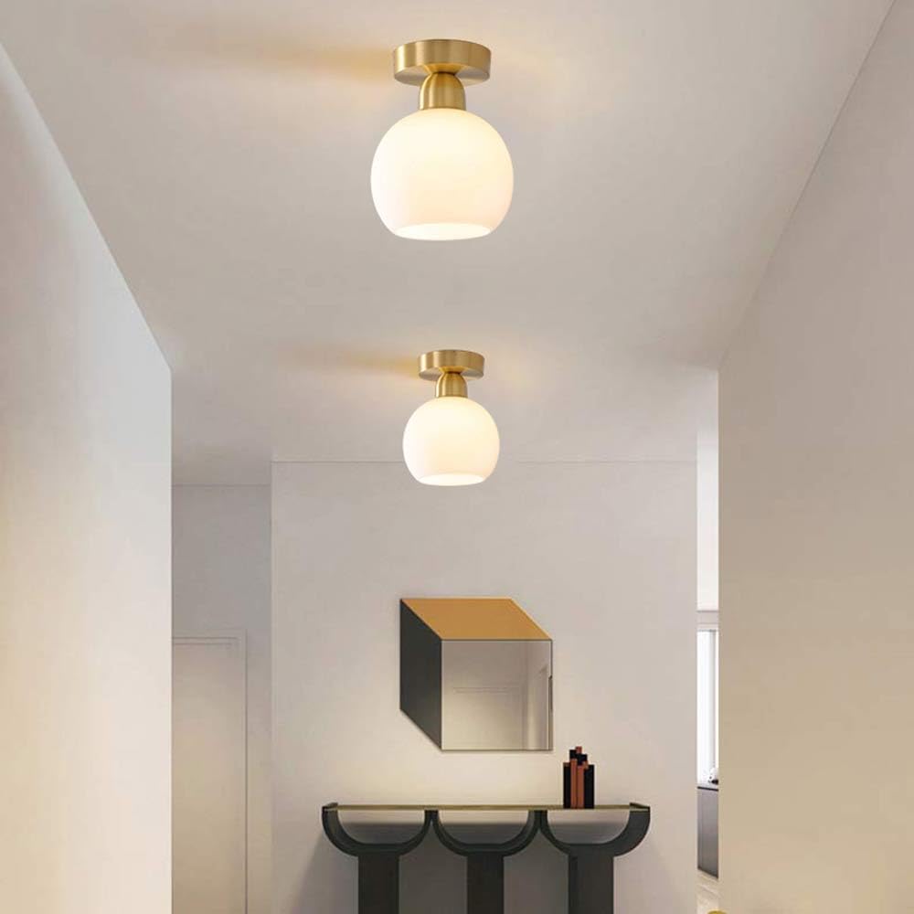 Mid Century Modern White Glass Semi Flush Mount Ceiling Lights Fixture Gold Living Room Ceiling Lamp Vintage Globe Close to Ceiling Light for Dinning Room Porch, Bedroom