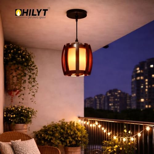 Image of HILYT - Wooden Fancy Hanging Light | with LED Bulb | Brown Pendant Lamp Ceiling Jhumar for Living Room Bedroom Dining Balcony Home Decor Lighting