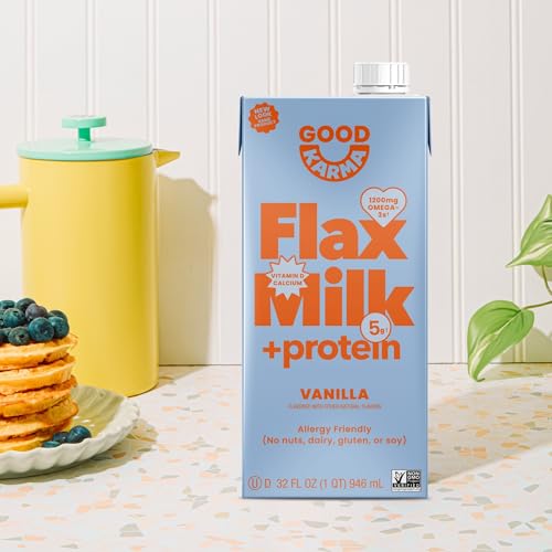 Good Karma Vanilla Flaxmilk +Protein, 32 Ounce (Pack of 6), 5g Plant Protein + 1200mg Omega-3 Per Serving, Plant-Based Non-Dairy Milk Alternative, Lactose Free, Nut Free, Vegan, Shelf Stable