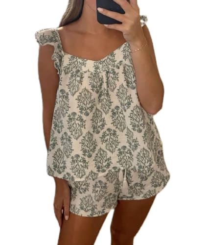 Image of ROAONOCOMO Women Summer Floral Pajama Set Ruffle Trim Cami Top Coquette Pj Set Gingham Babydoll 2 Piece Shorts Outfit