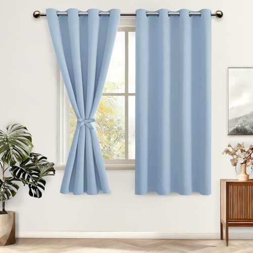 DWCN Verdunklungsvorhänge mit Ösen Blickdicht Vorhänge mit Raffhalter 2 Stücke Thermovorhang Kälteschutz Gardinen Wohnzimmer Schlafzimmer Wärmeisolierend,Hell Blau,H175 x B140 cm (2er Pack)