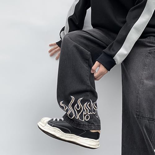 XYGJZ Y2k Baggy Denim Jeans for Men Flame Print Straight Leg Hip Pop Denim Pants Streetwear4