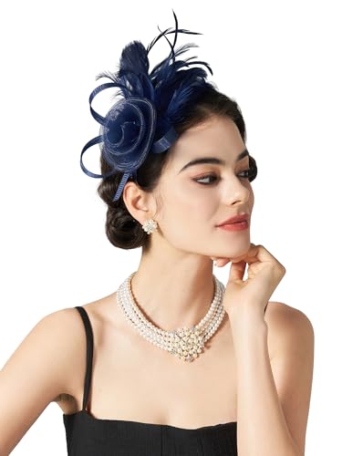 SWEETV Tulle Fascinators for Women, Tea Party Hats for Kentucky Tea Hat Derby, Cocktail, Wedding, Fancy Dress Party, Navy Blue