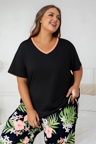 Image of Vozanet Women's Pajama Sets Short Sleeve with Long Pant Soft Sleepwear Printed pj Loungewear With TWO Pockets Size 1X to 5X