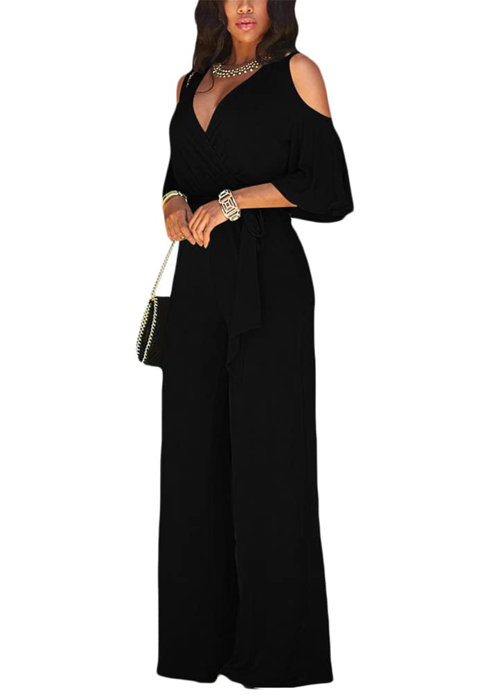 ORANDESIGNE Monos de Vestir Mujer Pantalones Largos Elegante Verano Tallas Grandes Mono de Manga Corta Jumpsuit Monos Fiesta Playsuits con Cinturón Clubwear Monos