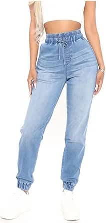 CME SHOWU Jeans mit hoher Taille, hohe Taille, elastische Taille, Jeans-Jogginghose für Damen, Stretch, lockere Denim-Hose mit Kordelzug