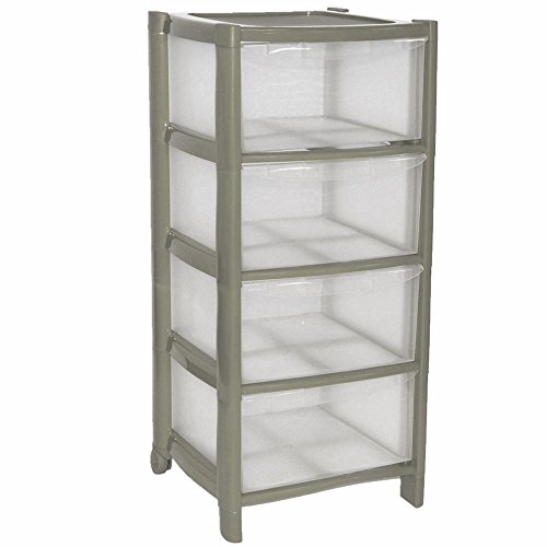 Plastic Storage Drawers - Large - 4 Drawers (Silver)