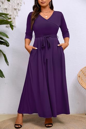 Image of Runwind Plus Size Dress for Women - 3 /4 Sleeve V Neck Maxi Dresses for Women (XL-6XL)