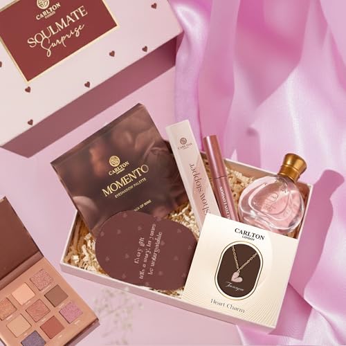 Image of Carlton London Soulmate Surprise Gift Set of 5 - Mascara, Perfume, Eye Shadow Palette, Heart Charm & Card | Cosmetic & Makeup Gift Set for Women
