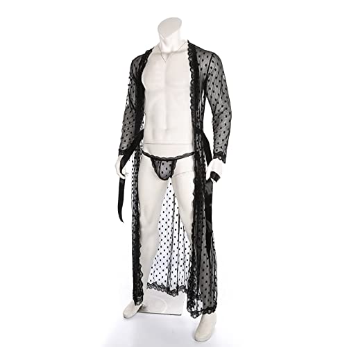 Wodceeke Mens Sexy Long Lace Bathrobe Kimono Robes See Through Sissy Lingerie Robe Slit Pajamas Belted Sleepwear With Thong #TOP3
