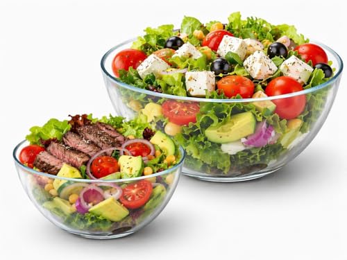 SKY-TOUCH 2 PCS Glass Mix Bowl Set Round Glass Bowl Salad Bowl Glass for Kitchen Baking Prepping Serving Cooking Stackable Non-toxic Microwavable L Size: 26.5 x 11cm S Size: 22.5 x 10cm
