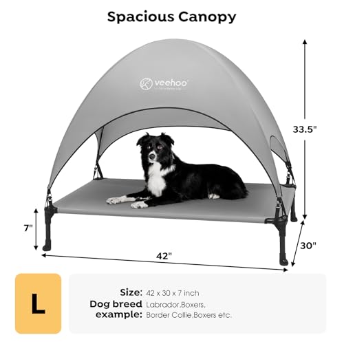 Veehoo-Elevated-Dog-Bed-with-Canopy-Cooling-Outdoor-Dog-Bed-with-Removable-Shade-Non-Slip-Feet-Raised-Dog-Cot-Bed-for-Large-Dogs-Dog-Tent-Bed-for-Camping-Beach-Large-Grey-CWC2411A Veehoo Elevated Dog Bed with Canopy Cooling Outdoor Dog Bed with Removable Shade Non Slip Feet Raised Dog Cot Bed for Large Dogs Dog Tent Bed for Camping Beach Large Grey CWC2411A