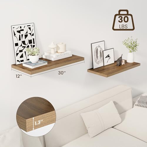 Image of Dreamland 30 inch Floating Shelves for Wall, 12 inch Deep Slim Walnut Floating Shelves, Wall-Mounted Shelves for Bedroom, Living Room, Kitchen, Bathroom - Set of 2
