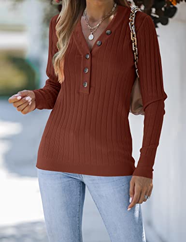 Merokeety Women's Long Sleeve V Neck Ribbed Button Knit Sweater Solid Color Tops Caramel #TOP5