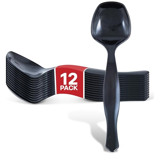12 Count Disposable Black Plastic Serving Utensils for Catering, Weddings, Holiday Parties and More, Large Plastic Spoons for Buffet, Stock Your Home
