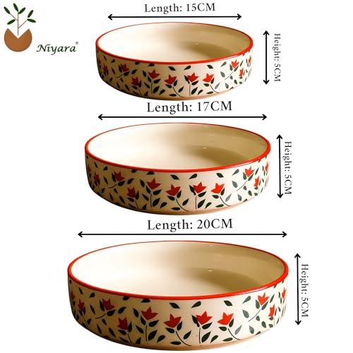 Image of Niyara Stoneware Handmade Ceramic Stylish Premium Serving Bowls /Salad Tray Microwave Dishwasher Safe (Red Leaf Salad Bowl Set of 3)