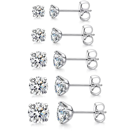 316L Stud Earrings Set 5 Pairs Hypoallergenic Round Cubic Zirconia Surgical Stainless Steel Stud Earring for Women and Men 3-7mm