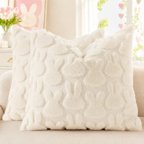 Image of decorUhome Easter Bunny Pillow Covers 20x20 Inch Set of 2, Soft Plush Faux Wool Jacquard Beige Rabbit Cushion Covers, Farmhouse Neutral Spring Easter Holiday Decor for Couch Sofa Bed