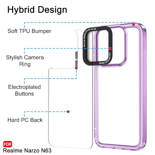 Image of TheGiftKart Hybrid Shockproof Back Cover Case for Realme C63 / Narzo N63 | Stylish Camera Border | Electroplated Buttons | Crystal Clear Hard Back Cover Case (TPU & PC, Purple Bumper)