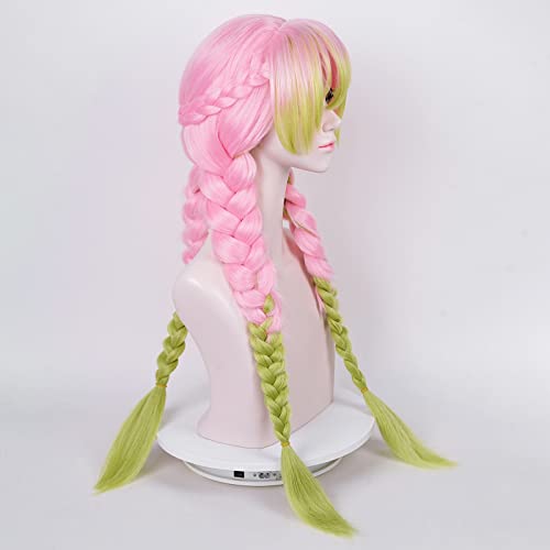 Labeauté Max Beauty Anime Pink And Green Wig For Mitsuri Cosplay Braided Hair Wig With Pigtails Halloween Party Wig + Cap #TOP2