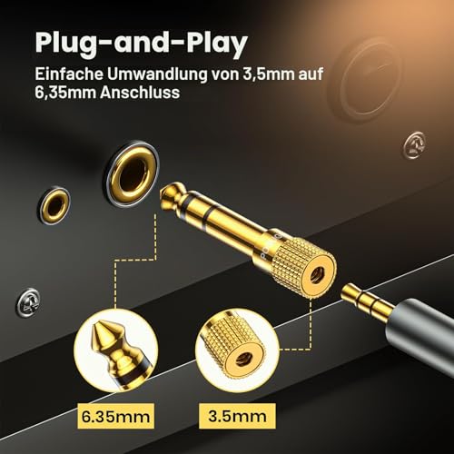 POSUGEAR Klinke Adapter 3.5mm auf 6.35mm 1 Stück, 6.35 Klinkenstecker auf 3.5 Klinken Buchse aux Audio Adapter mit Vergoldete Kontakte für Kopfhörer oder Lautsprecher