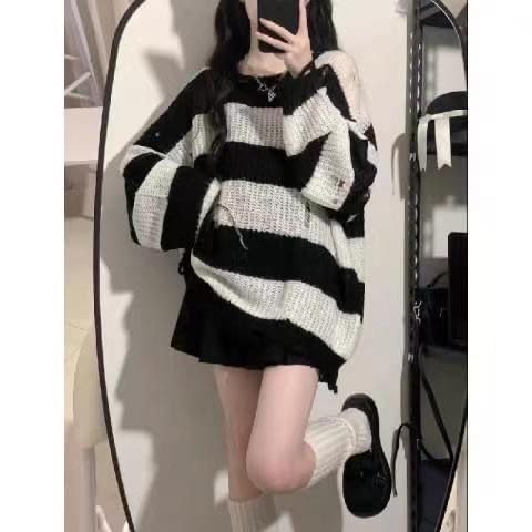 Y2K Pink Striped Sweaters Women Harajuku Vintage Black Knitted Jumper Grunge Sexy Hole Hollow Out Loose All-Match Tops2