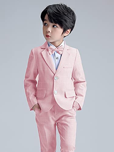 Boys Suit Wedding Ring Bearer Outfit Kids Suit Set, Plaid Blazer Suit Pants Bow Tie (Pink 6-7 Years) #TOP1