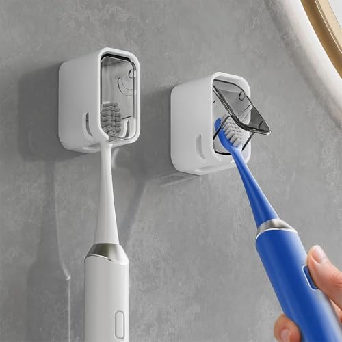 Image of Wall Mounted Toothbrush Holder with Dustproof Cover & Clear Window, Bathroom Toothbrush Organizer Stand for Toothpaste Storage Home Use (Pack of 2)