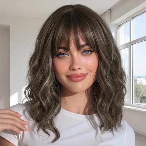 Image of AISI HAIR Bob Curly Wig with Bangs Short Wavy Wigs for Women | 14 inch, Ready to Wear, Heat Resistant Fiber Hair, Shoulder Length wig, Natural Appearance, Beginner Friendly for Daily