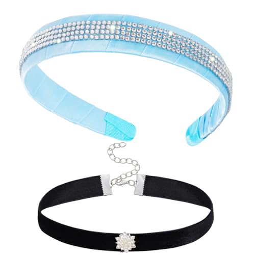 YUSHWENPTY Accessoire Costume Halloween, 2 Pièces Accessoire Deguisement Halloween, Bandeau Large Bleu et Collier Ras de Cou Noir pour Enfants Adultes, Cosplay, Mascarade, Fête (A)