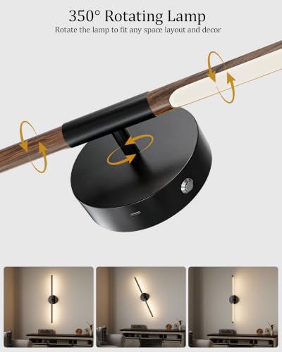 Image of 24 inch Battery Operated Wall Sconce Set of 2, 350 Rotating Lamp, Walnut Black