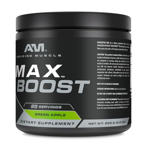 Image of Amazing Muscle Max Boost | 25 Servings | Intense Pre-Workout Supplement for Men & Women | Contains Creatine Monohydrate, Caffeine, Beta-Alanine, Betaine (25 Servings, Green Apple)
