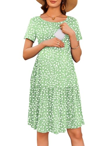 Image of Ekouaer Nursing Dress Summer Short Sleeve Breastfeeding Casual Knee Length Maternity Dresses S-XXL