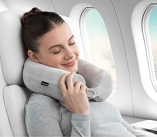 Twist Memory Foam Travel Pillow, Upgraded Neck Pillow for Travelling on Airplane Bus Train, Airplane Pillow with Eye Mask, Airplane Travel Kit for Neck Chin Lumbar and Leg Support (Velvet cover)