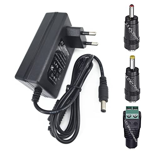 DZYDZR AC/DC Adapter Power Supply DC 12V 3A Netzadapter Wall Plug 2,1/2,5mm x 5,5mm Plug und 3 Stück 12V Buchse DC Kabelstecker Cover